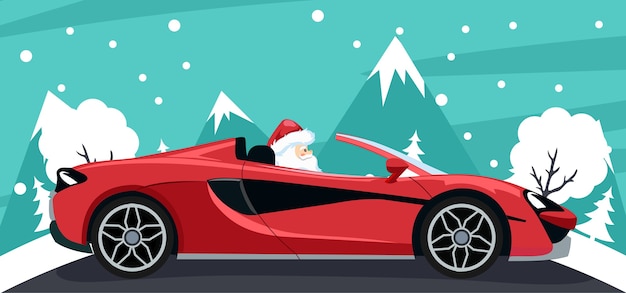 Desenho de plano de fundo do papai noel em carro luxuoso