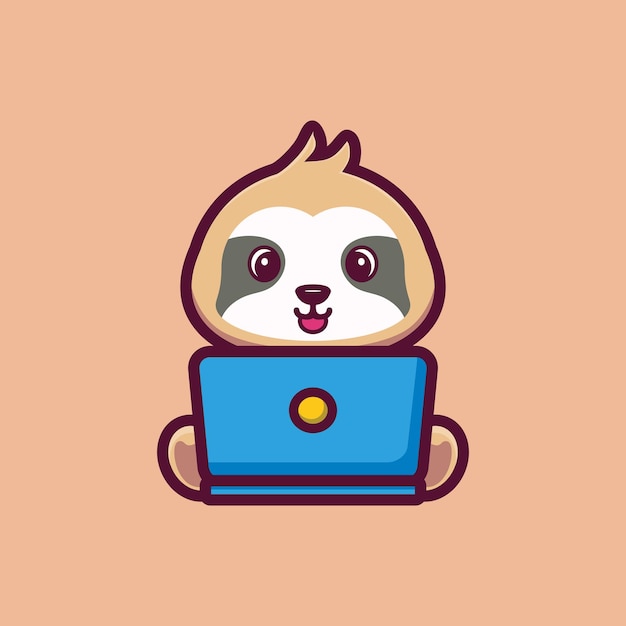 Desenho de preguiça bonito trabalhando na frente de um laptop conceito de ilustração de ícone de tecnologia animal premium