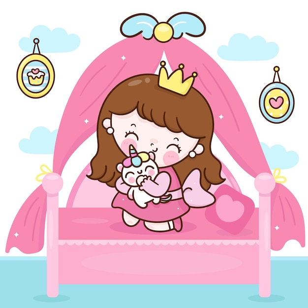 Desenho de princesa fofa abraçando boneca unicórnio no quarto animal kawaii