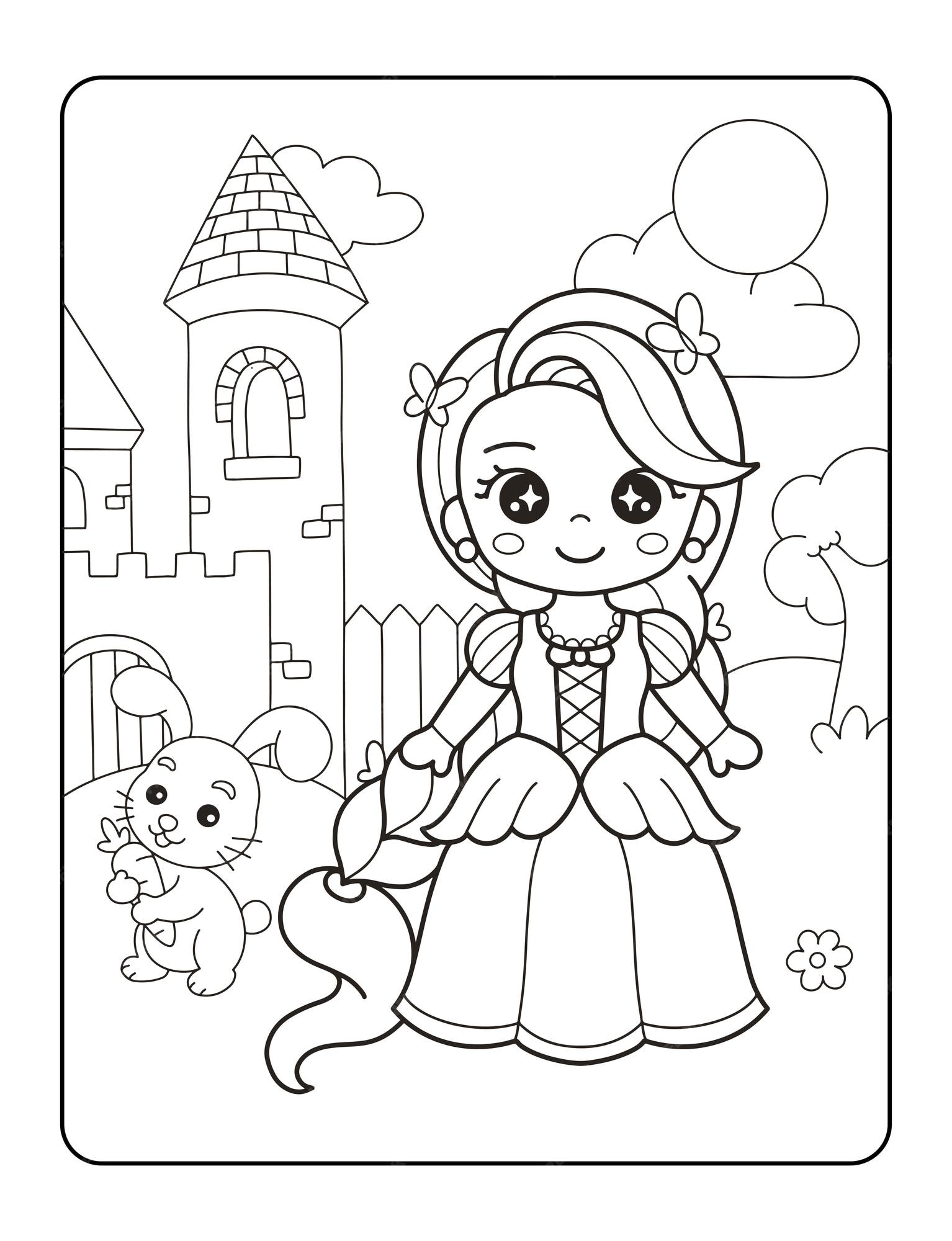 Desenho de princesa linda no castelo para colorir