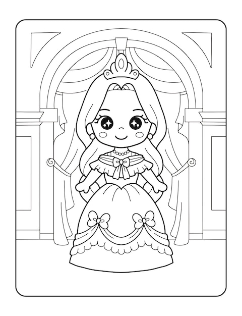 Vetor desenho de princesa linda no castelo para colorir