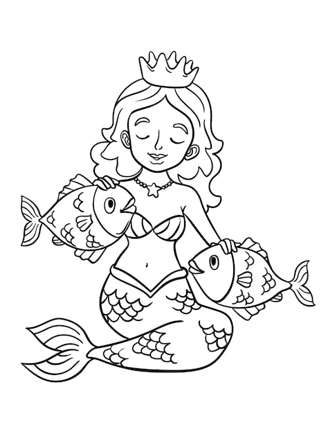 Desenho de princesa sereia e peixe isolado para colorir