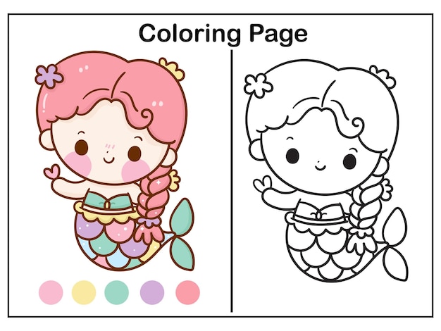 Desenho de princesa sereia para colorir com ilustração de coração kawaii