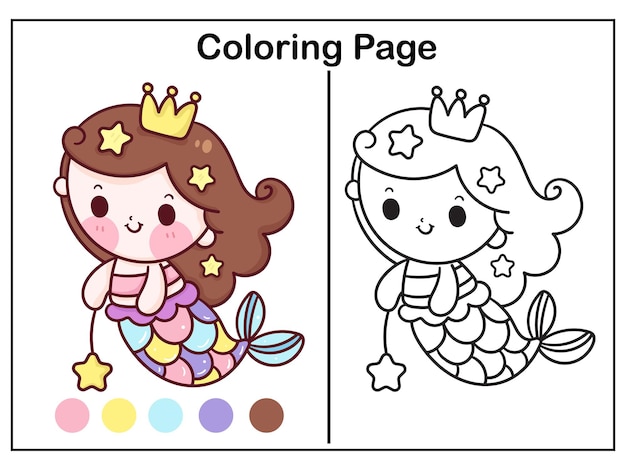 Desenho de princesa sereia para colorir com ilustração de estrela do mar bebê kawaii