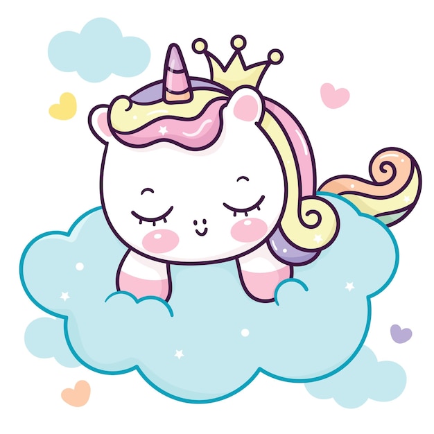 Desenho de princesa unicórnio fofo dorme na nuvem kawaii clipart