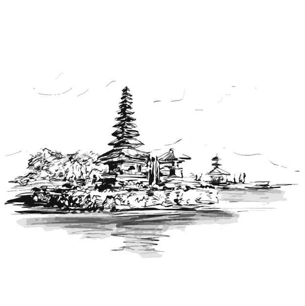 Desenho de pura ulun danu beratan, o templo flutuante em bali