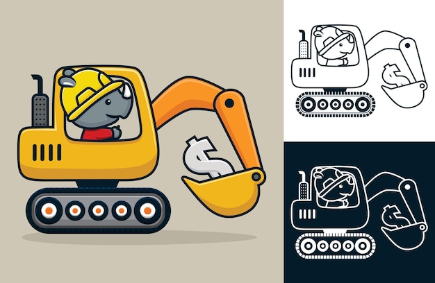 Desenho de rinoceronte usando capacete de trabalhador, dirigindo um veículo de construção