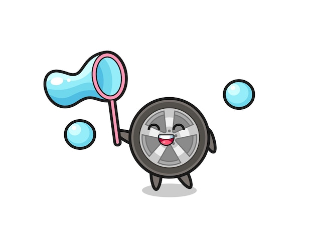 Desenho de roda de carro feliz jogando bolha de sabão, design de estilo fofo para camiseta, adesivo, elemento de logotipo