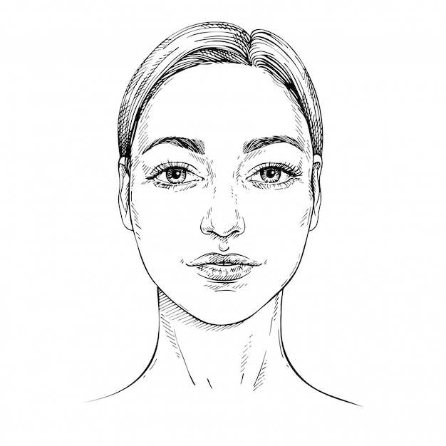 Vetor desenho de rosto de mulher jovem. face frontal. estrutura de tópicos mão ilustrações desenhadas