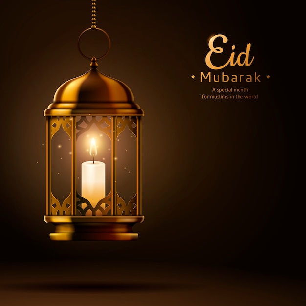 Desenho de saudação Eid Mubarak com vela em uma lanterna suspensa