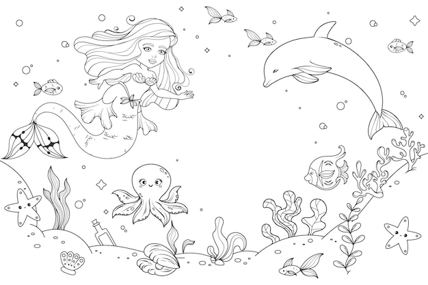 desenho de sereia com baleia para colorir para crianças 7819050 Vetor no  Vecteezy