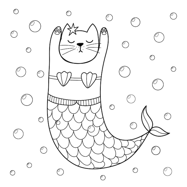 Conjunto de desenho de desenho animado de sereia de gato para crianças para  colorir e imprimir