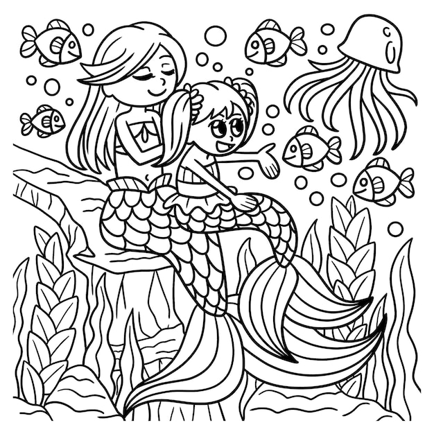 Desenho de sereia mãe e filha para colorir