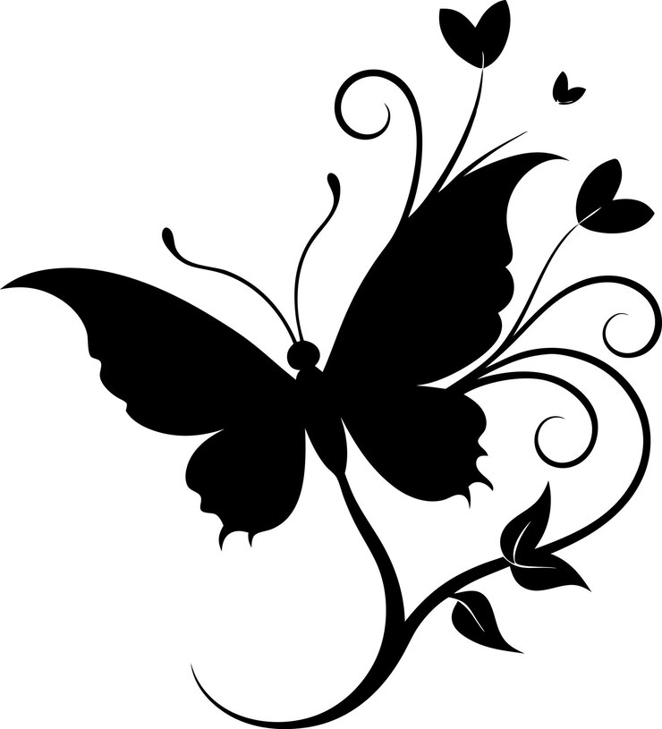 Vetor desenho de silhueta com uma borboleta de uma única cor em um desenho floral balançado