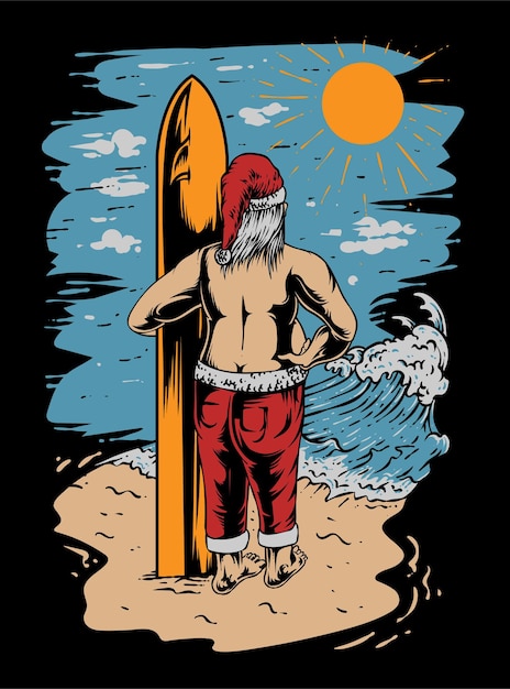 Desenho de t-shirt do vetor da ilustração das ondas do verão do papai noel