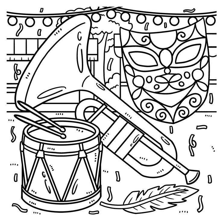 Vetor desenho de tambor e máscara de trompete de carnaval para colorir