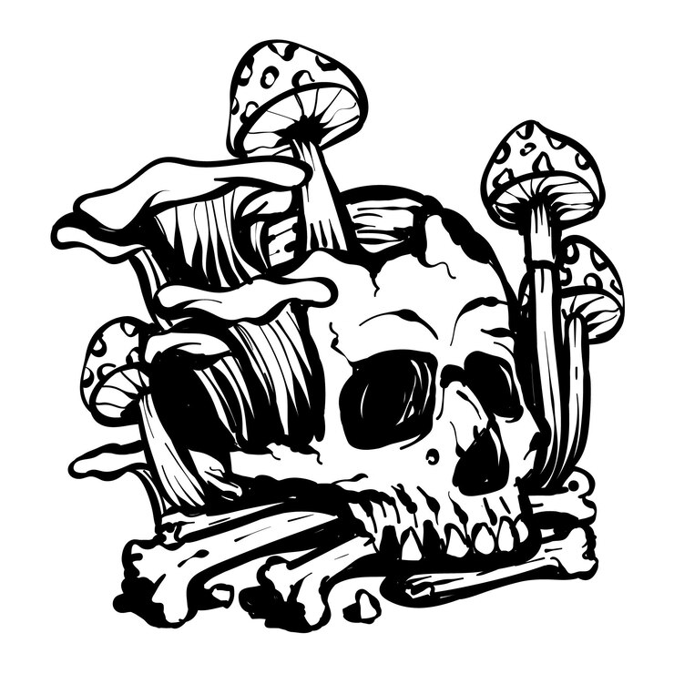 Vetor desenho de tatuagem crânio cogumelo ilustração em preto e branco