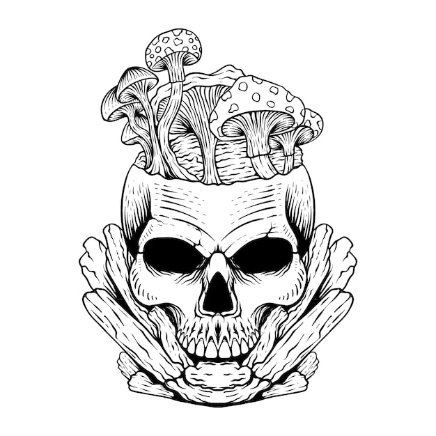 desenho de tatuagem de caveira com arte em linha de cogumelo em preto e branco