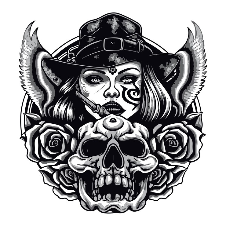 Vetor desenho de tatuagem de mulher e caveira