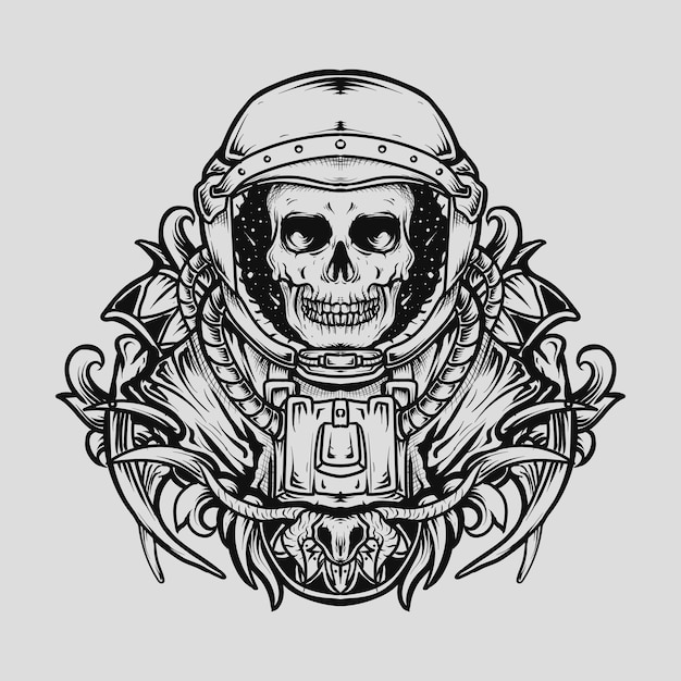 Desenho de tatuagem e camiseta em preto e branco ilustração desenhada à mão astronauta crânio