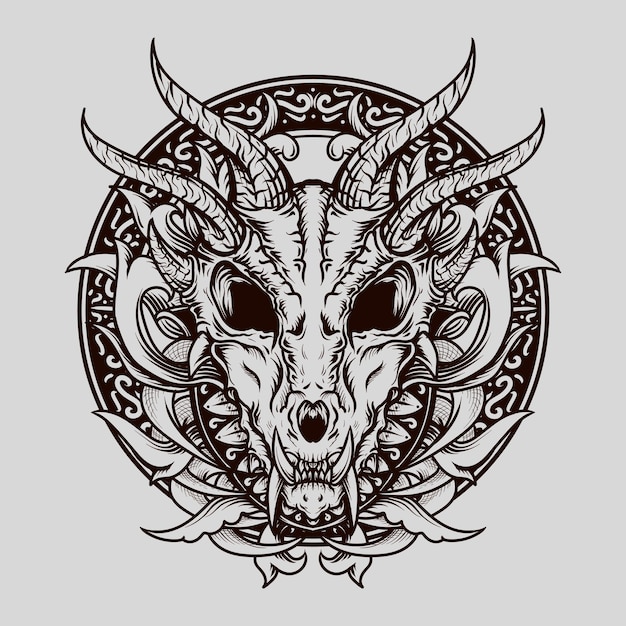 Desenho de tatuagem e camiseta preto e branco desenhado à mão dragão caveira ornamento