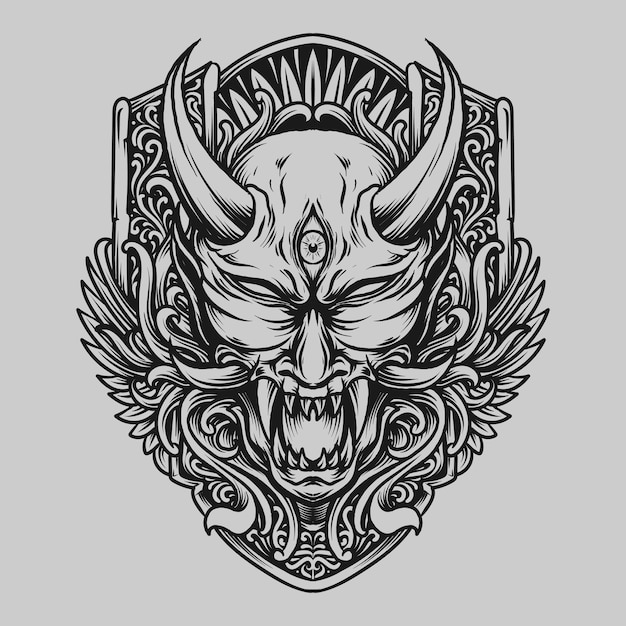 Desenho de tatuagem e camiseta preto e branco desenhado à mão ornamento de gravura de máscara oni