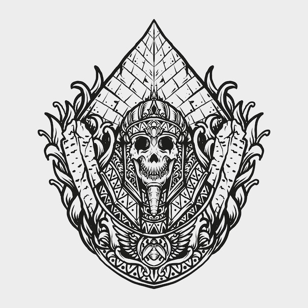 Desenho de tatuagem e camiseta rei egípcio ornamento de gravura de crânio