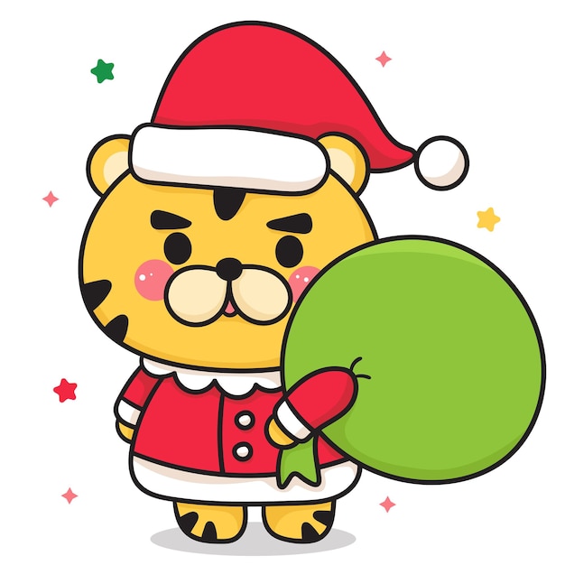 Desenho de tigre usa chapéu de papai noel fofo com presente de natal. feliz ano novo animal kawaii