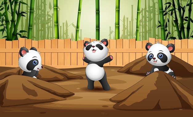 Desenho de três pandas brincando na gaiola aberta