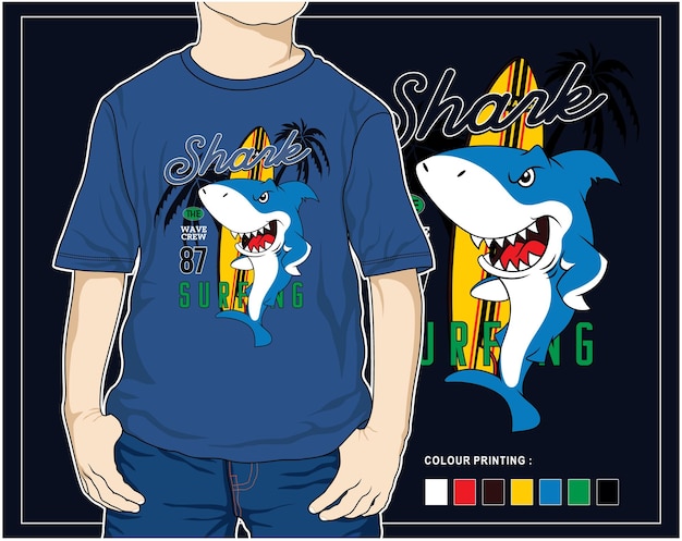 Desenho de tubarão bonito surf praia vetor design de camisetas gráficas de desenhos animados de animais