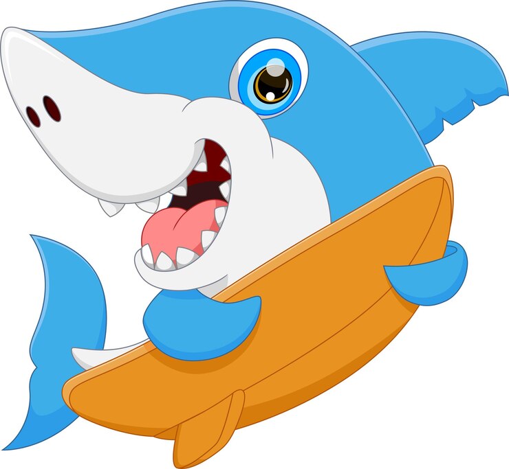 Vetor desenho de tubarão fofo segurando uma prancha de surf
