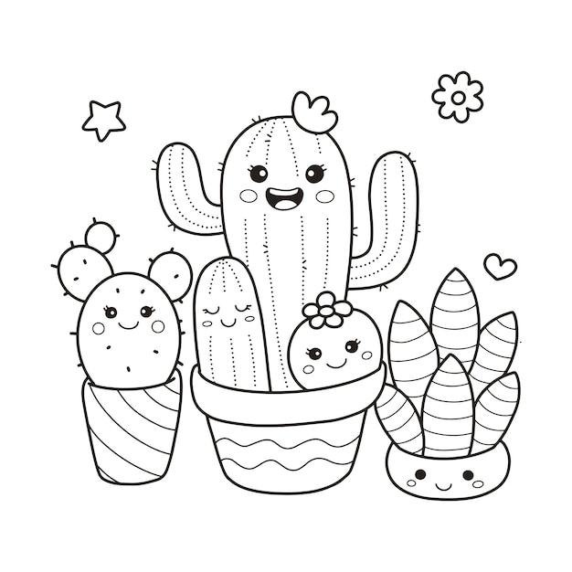 Desenho de cacto fofo com flores Kawaii Chibi para colorir