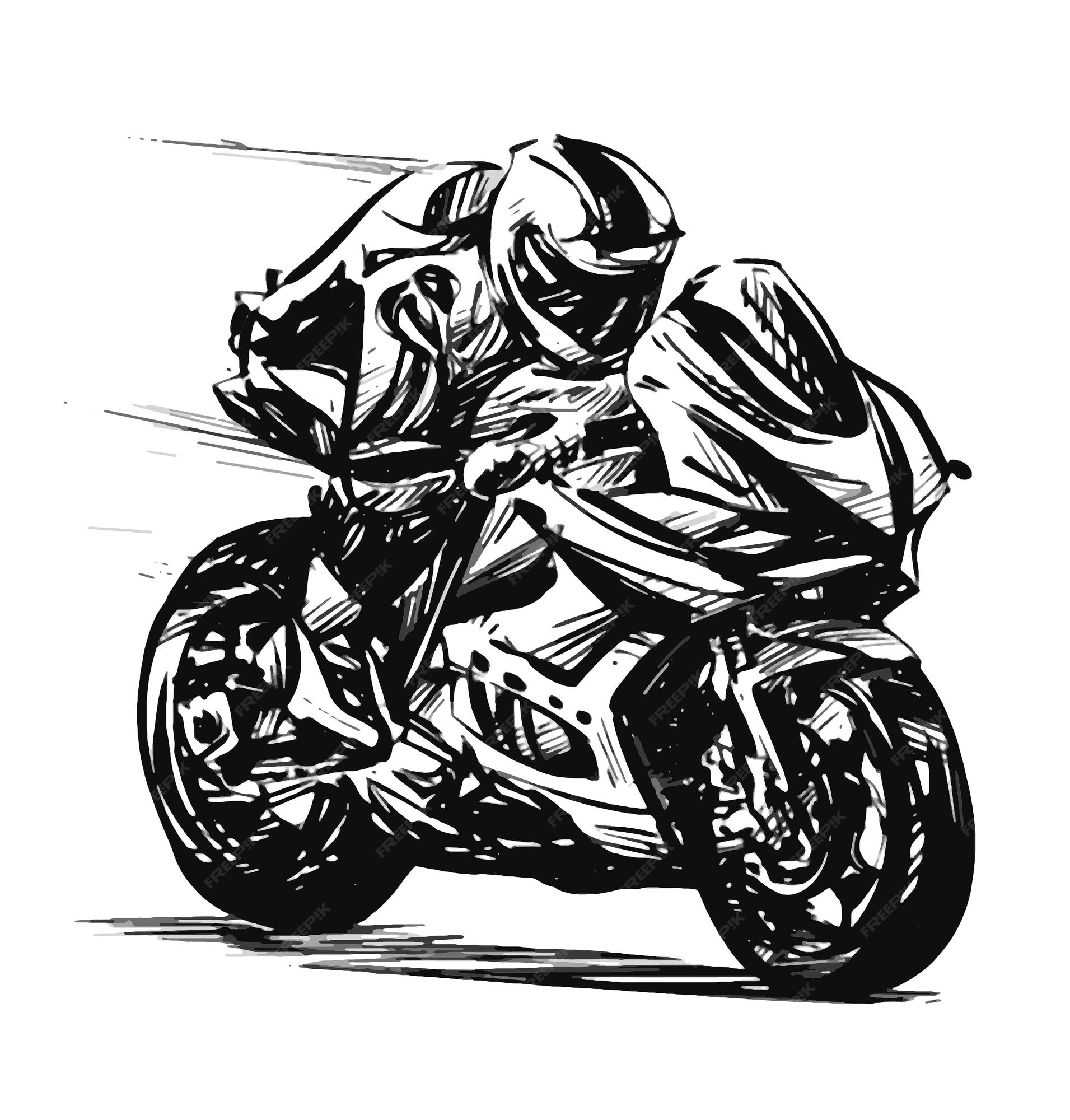 Um desenho preto e branco de um homem andando de moto.