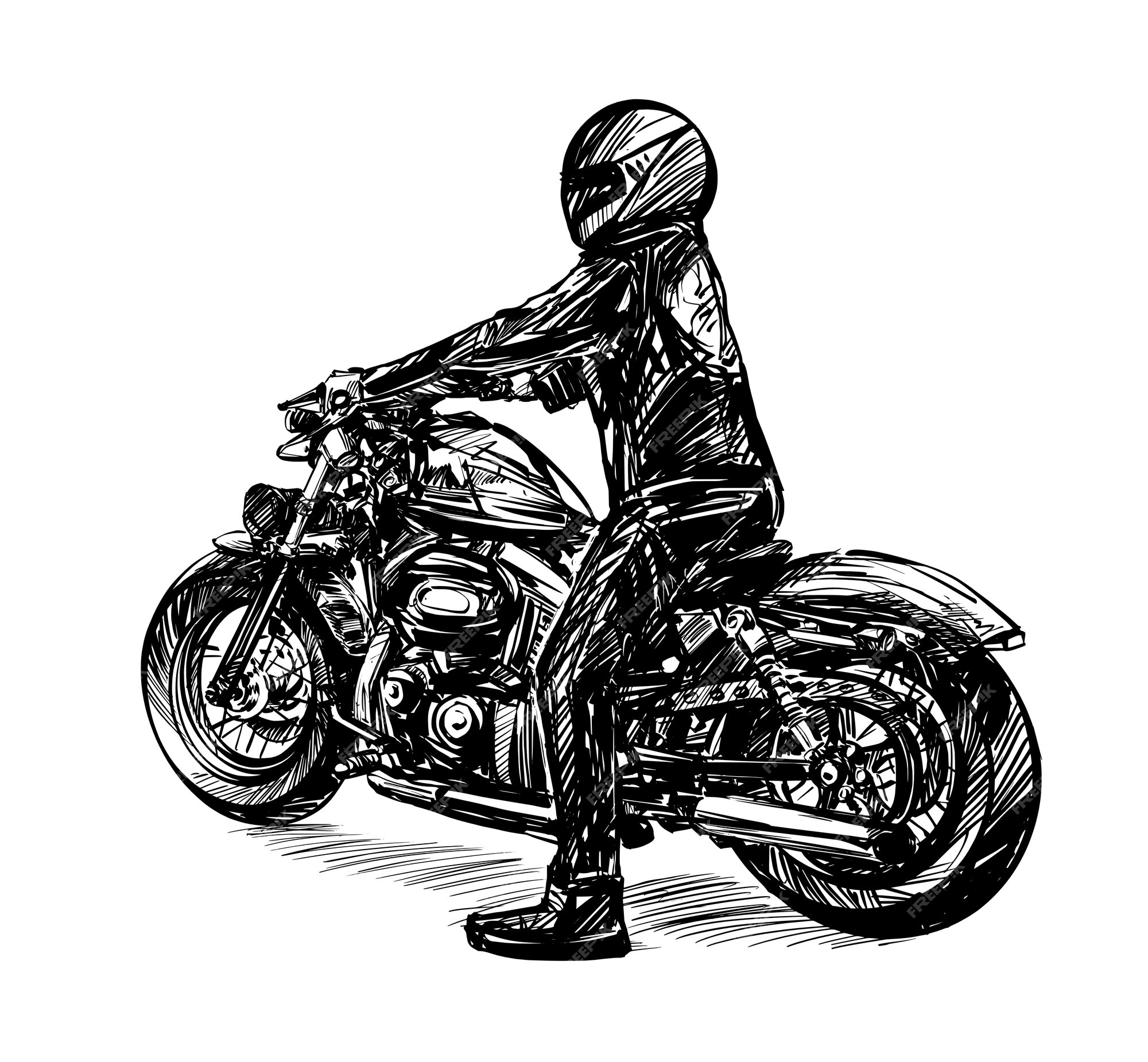 Um desenho preto e branco de um homem andando de moto.