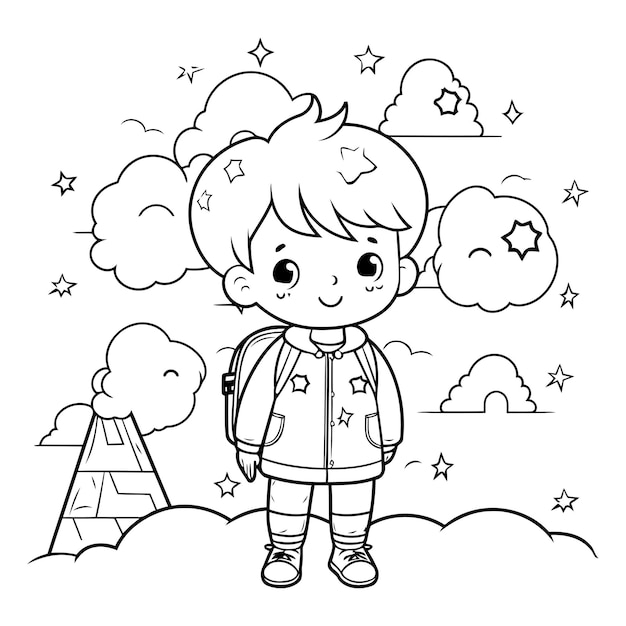 Vetor desenho de um menino de desenho animado no fundo do céu noturno