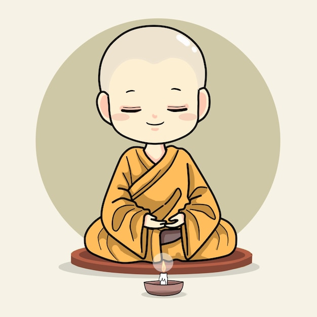 Desenho de um monge sentado em círculo com a palavra buda na frente.