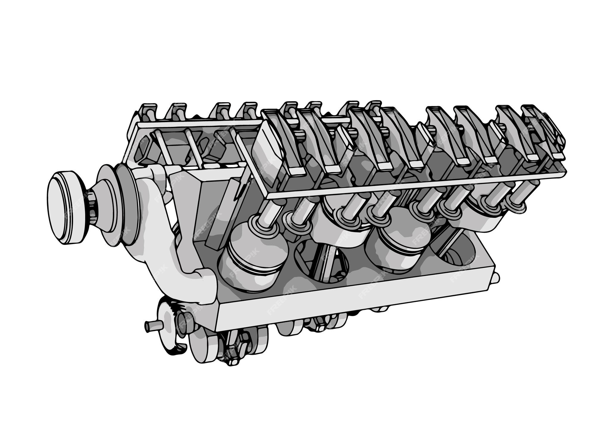 Desenho de um motor de combustão interna em um vetor de fundo branco