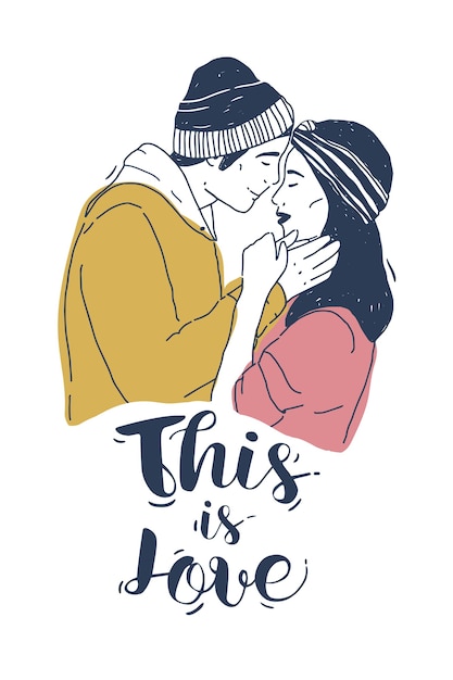 Desenho de um par de jovem e mulher beijando e a inscrição de this is love. casal romântico fofo