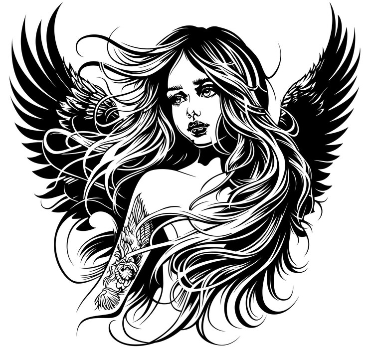 Vetor desenho de uma bela moça como um anjo com cabelos longos