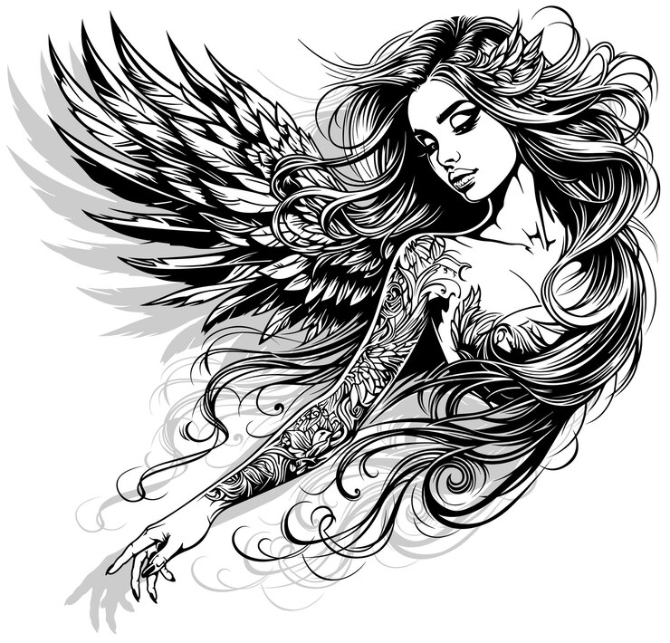 Vetor desenho de uma bela mulher como um anjo com cabelos longos