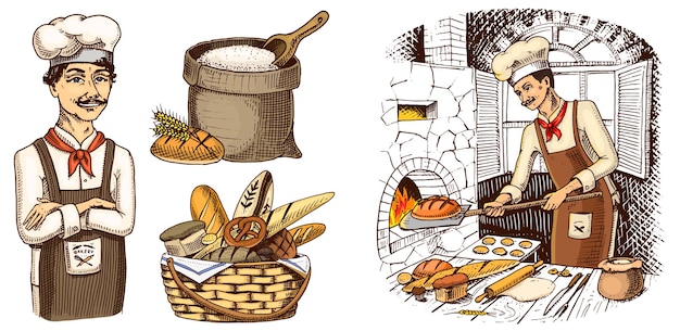 Desenho de uma cozinha com fogão e cesto de pão.
