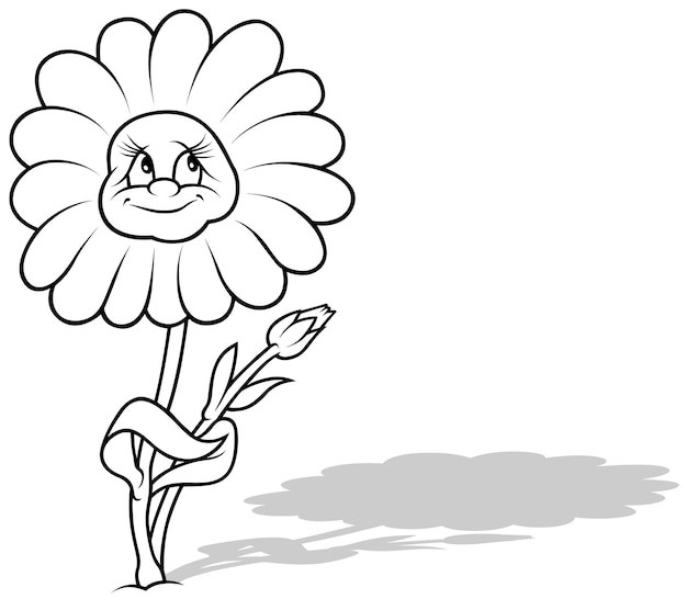 Desenho de uma flor com um rosto sorridente e um botão