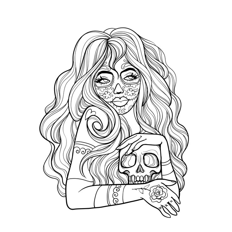 Vetor desenho de uma linda garota com contorno em vetor, livro para colorir maquiagem de dia de todos os santos, dia do th