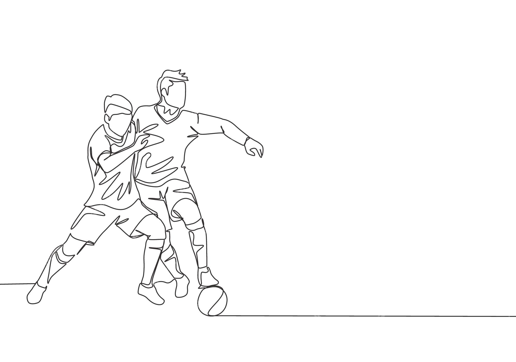 Desenho de linha única de dois jogadores de futebol lutando pela bola no  jogo esporte de partida de futebol