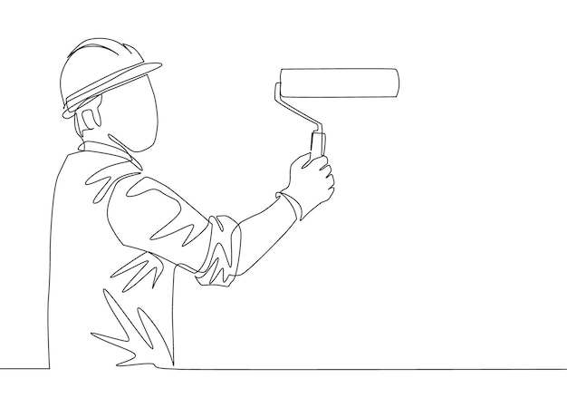 Desenho de uma linha do trabalhador que pinta a parede do edifício da construção com o rolo de pintura renovação da parede