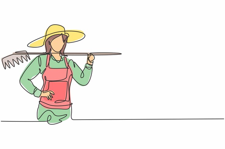 Vetor desenho de uma linha única jovem agricultora segurando um garfo posando com as mãos no quadril trabalho profissional