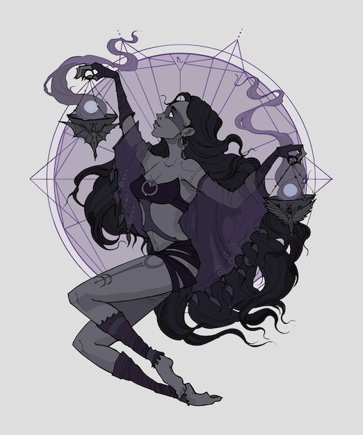 Desenho de uma mulher de cabelo comprido e vestido roxo com um grande colar no meio.