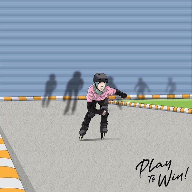 Desenho de uma pessoa andando de patins com as palavras jogar para vencer