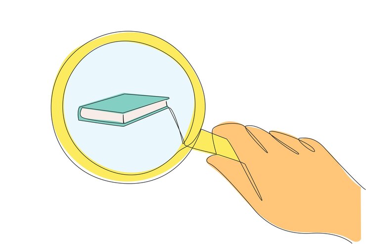 Vetor desenho de uma única linha de uma mão grande segurando uma lupa destacando o livro como um detetive
