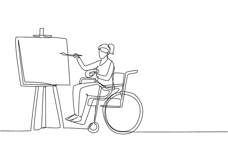 Vetor desenho de uma única linha de uma mulher com deficiência em cadeira de rodas pintando uma paisagem em lona reabilitação